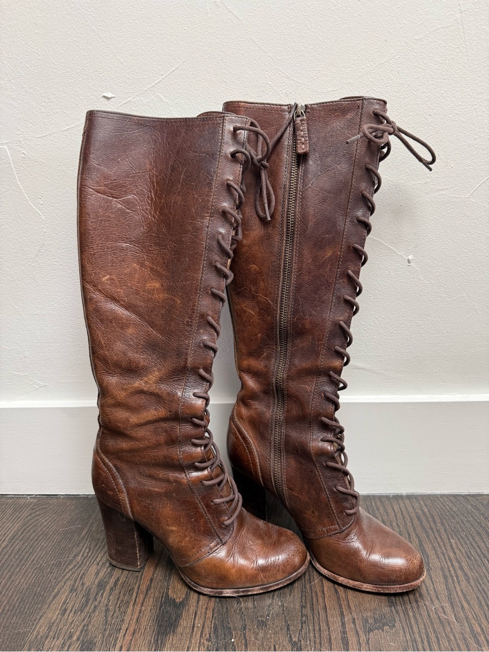 Frye Brown Leather Lace-Up Knee Boots